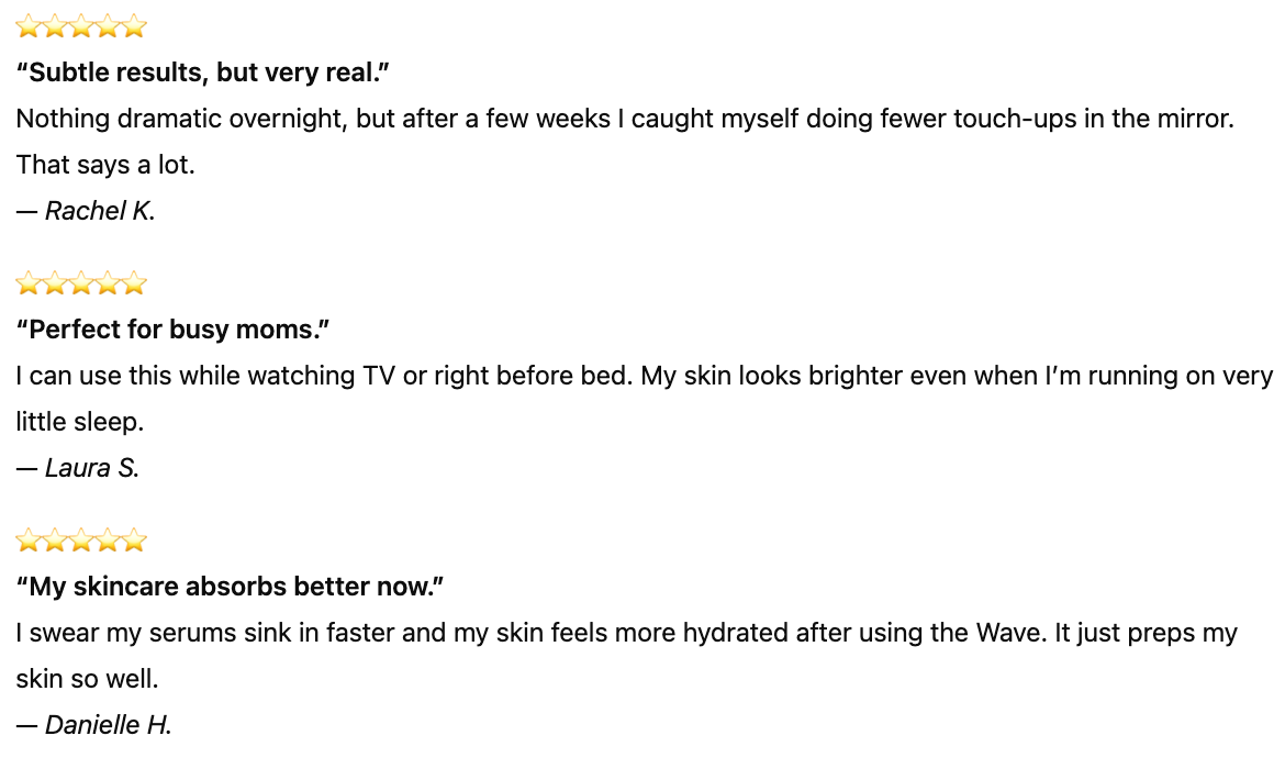 Reviews of a skincare product with user testimonials on a white background